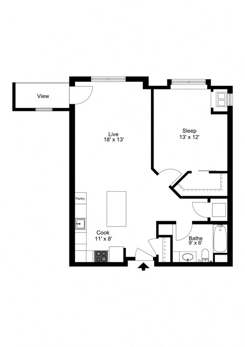 Floor plan for 1 bed, 1 bath, 876 sqft